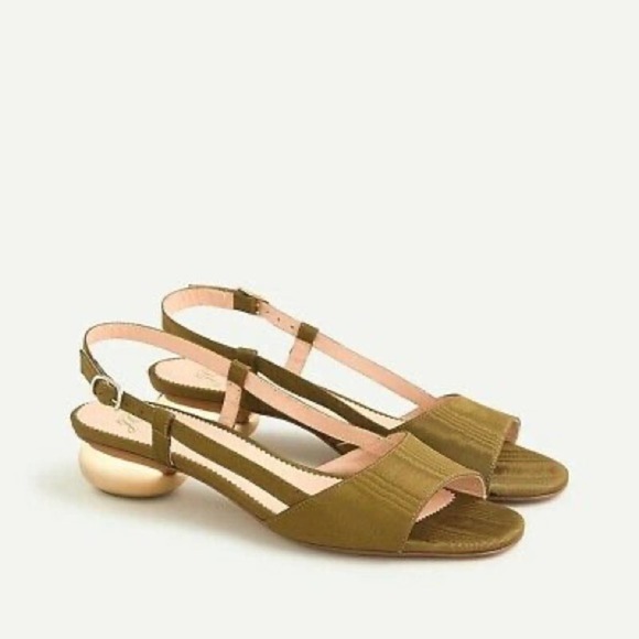 J. Crew Olive Green Silk Faille Slingback Open Toe Gold Hardware Heel Sandals